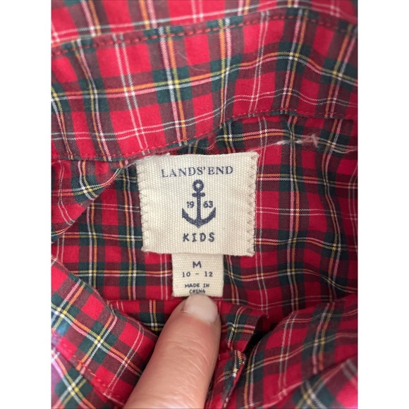 Lands End Kids Size Medium 10-12 Boys Christmas Button Down Shirt Red Plaid - Picture 3 of 9